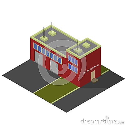 Isometric firefighters station building Vector Illustration