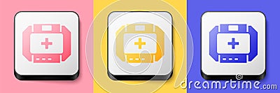 Isometric First aid kit icon isolated on pink, yellow and blue background. Medical box with cross. Medical equipment for Vector Illustration
