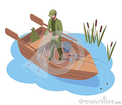 Isometric fisherman character fishing in river used fishing equipment. Fisherman catches fish using fishing equipment Vector Illustration