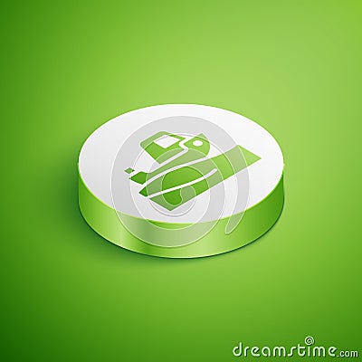 Isometric Fishing boat on water icon isolated on green background. White circle button. Vector Vector Illustration