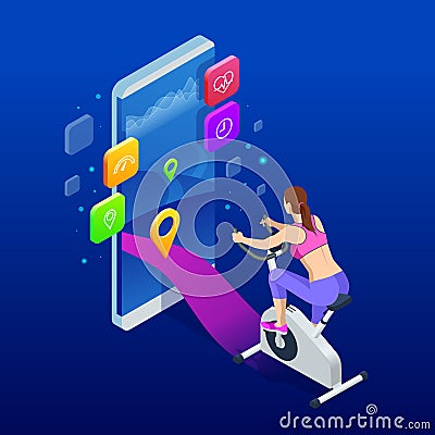 Isometric fit woman training at home on exercise stationary bike during workout holding phone. Female health weekly Vector Illustration