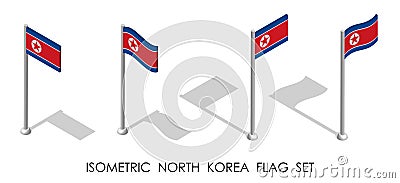 Isometric flag of DPRK, North Korea in static position and in motion on flagpole. 3d vector Vector Illustration