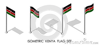 Isometric flag of Republic of Kenya in static position and in motion on flagpole. 3d vector Vector Illustration