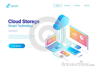 Isometric Flat Cloud Hosting Network Storage vecto Vector Illustration