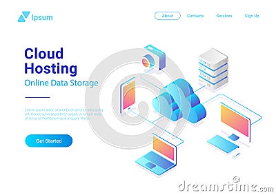 Isometric Flat Cloud Hosting Network vector. Onlin Vector Illustration