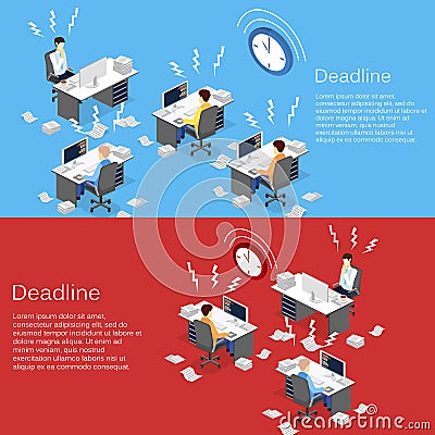 Isometric flat 3D concept Deadline Concept of overworked man. Stock Photo