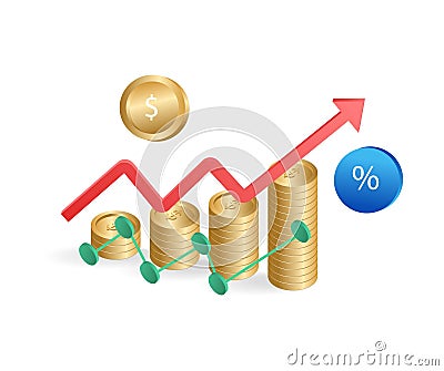 Isometric flat 3d illustration concept of stacks of money forming a bar graph Cartoon Illustration