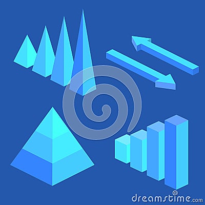 Isometric flat 3D infographic elements with data icons and design elements. Pie chart, layers graphs and pyramid diagram. Cartoon Illustration