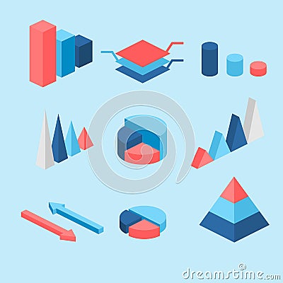 Isometric flat 3D infographic elements with data icons and design elements. Cartoon Illustration