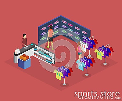 Isometric flat 3D interior goods for the sports shop. Stock Photo