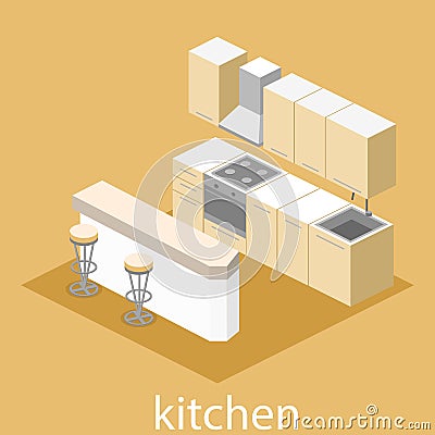 Isometric flat 3D interior of kitchen. full set of kitchen furniture ilustration. Stock Photo