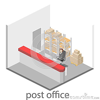 Isometric flat 3D interior of post office. Cartoon Illustration