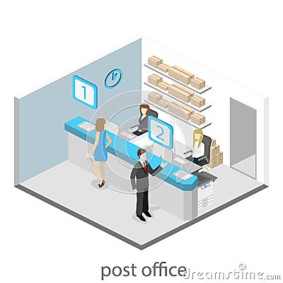 Isometric flat 3D interior of post office. Cartoon Illustration