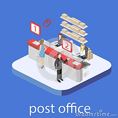 Isometric flat 3D interior of post office. Cartoon Illustration