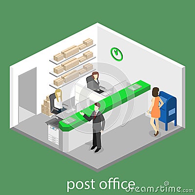 Isometric flat 3D interior of post office. Cartoon Illustration