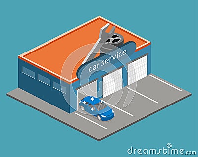 Isometric flat 3D isolated Car service building or car repair Vector Illustration