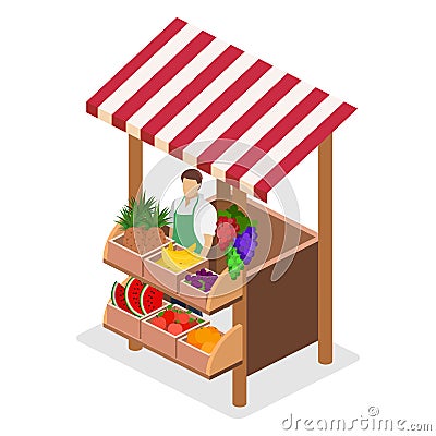 Isometric flat 3D isolated concept fruit stand. Stock Photo