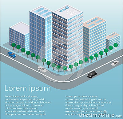 Isometric flat 3D isolated concept vector city three-dimensional summer town quarter. Stock Photo