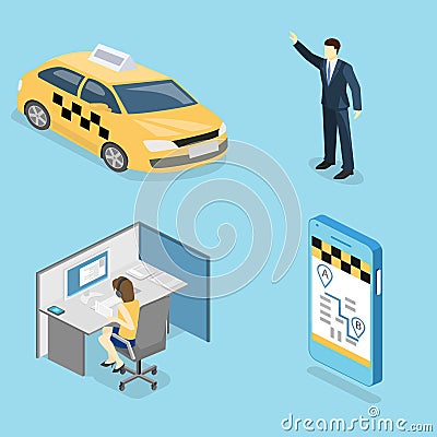 Isometric flat 3D isolated concept vector taxi transport, service. Stock Photo