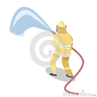 Isometric flat 3D isolated cutaway Firefighters in action. Stock Photo