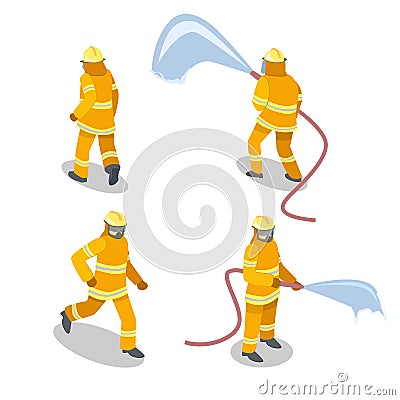 Isometric flat 3D isolated cutaway Firefighters in action. Stock Photo