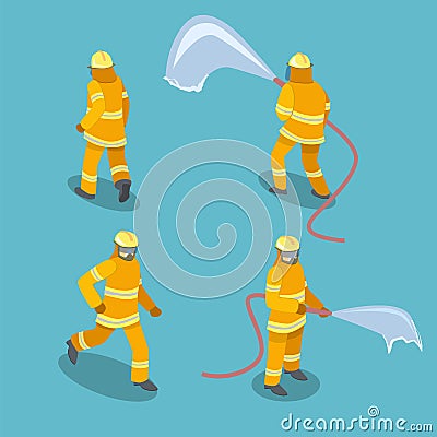 Isometric flat 3D isolated cutaway Firefighters in action. Stock Photo