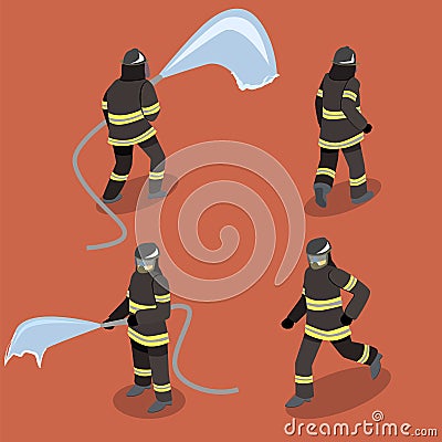 Isometric flat 3D isolated cutaway Firefighters in action. Stock Photo