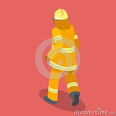 Isometric flat 3D isolated cutaway Firefighters in action. Stock Photo