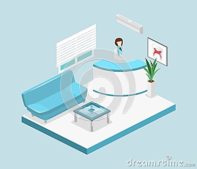 Isometric flat 3D isolated interior Dentistry waiting room. Dental Clinic Vector Illustration