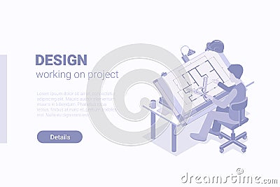 Isometric Flat 3D Man Male working design with drawing board vector concept Vector Illustration