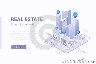 Isometric Flat 3D Smartcity Skyscraper business district Real Estate vector concept Vector Illustration