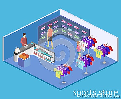 Isometric flat 3D vector interior goods for the sports shop. Stock Photo