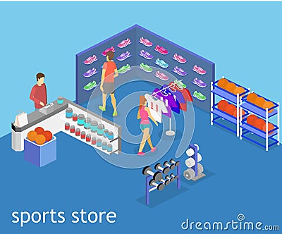 Isometric flat 3D vector interior goods for the sports shop. Stock Photo