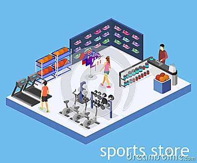 Isometric flat 3D vector interior goods for the sports shop. Stock Photo