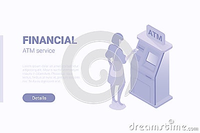 Isometric Flat 3D Woman Girl Female standing putting bank card in ATM Terminal vector illustration Vector Illustration