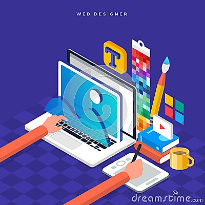 Isometric flat design concept web designer. Vector illustration. Vector Illustration