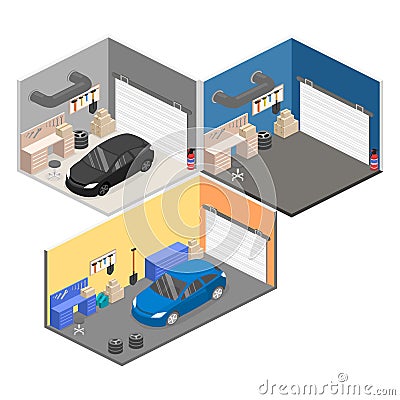 Isometric flat 3Dinterior working place with tools in garage. Stock Photo