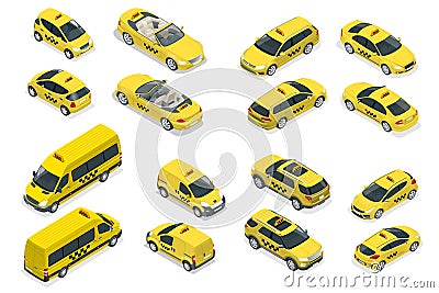 Isometric flat high quality city service transport icon set. Car taxi. Build your own world web infographic collection Vector Illustration