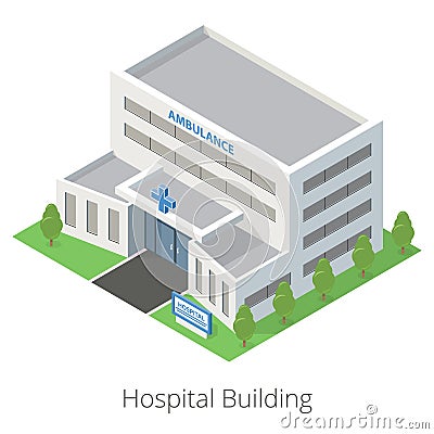 Isometric flat Hospital and ambulance building. Isolated on white background. Vector Illustration