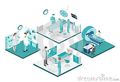 Isometric flat interior of hospital room, pharmacy, doctor`s office, waiting , reception. Cartoon Illustration