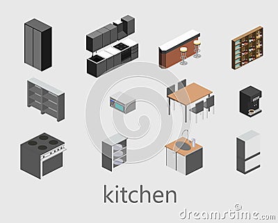 Isometric flat isolated concept vector cutaway interior of kitchen Vector Illustration