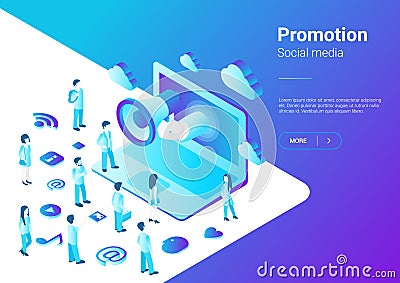 Isometric Flat Loudspeaker Megaphone Laptop Crowd Vector Illustration