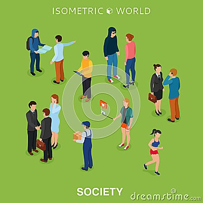 Isometric flat people crowd vector illustration. Different man and woman stand, talk, call phone and walk. Vector Illustration