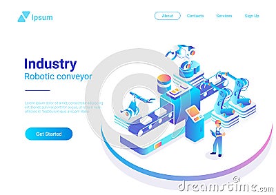 Isometric Flat Robotics Factory Conveyor vector. R Vector Illustration