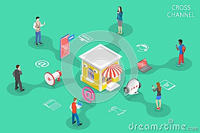 Isometric flat vector concept of cross channel, omnichannel. Vector Illustration