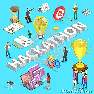 Isometric flat vector concept of hackathon, hack marathon coding event. Vector Illustration