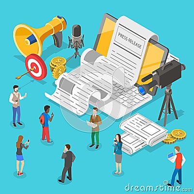 Isometric flat vector concept of internet press release, news article service. Vector Illustration