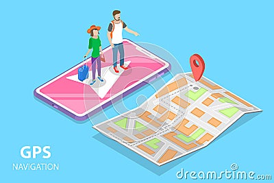 Isometric flat vector concept of mobile pgs navigation, city map. Vector Illustration