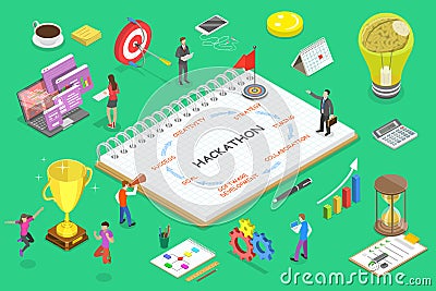 Isometric flat vector concept of parts of hackathon. Vector Illustration