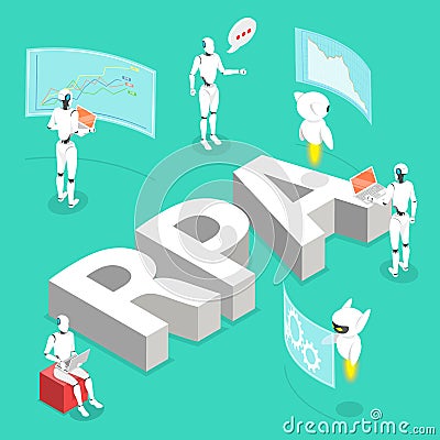 Isometric flat vector concept of robotic process automatisation, RPA, AI. Vector Illustration